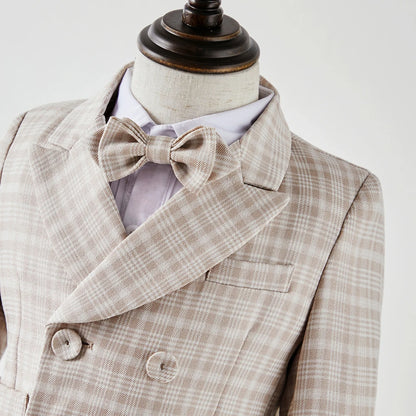 Baby Photograph Boys Suit Children Clothes Set Spring Khaki Lattice Birthday Dress Kids costume Tuxedo Coat+Shorts With Strap