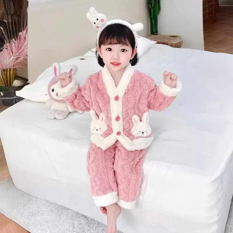 Girls Pajamas Set Autumn and Winter Flannel Children's and Girls' Fleece Thickened Warm Coral Fleece Loungewear Pajama Set