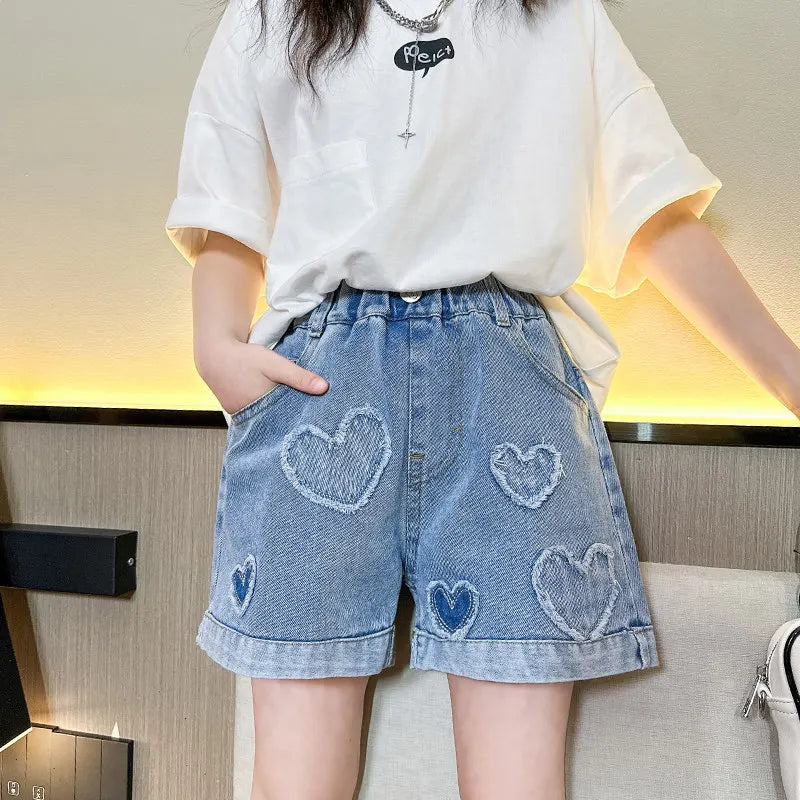 Girls Shorts with Heart Pattern High Waist Summer Hot Deals Teenage Child Fashion Jeans Kids Short Trousers Clothes 5-14Year Old
