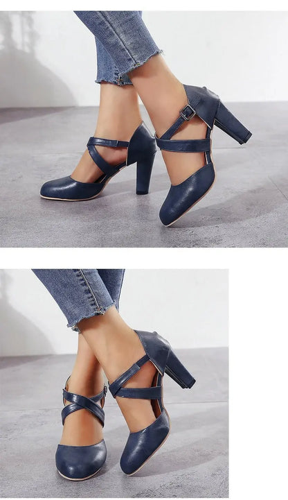 Women High Heels Shoes 2023 Autumn New Round Toe Chunky Heel Casual Platform Women's Shoes Female Belt Buckle
