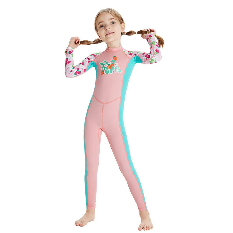 Boys Girls One-Piece Swimsuits Swimwear Long Sleeve Wetsuits Bathing Suit Beachwear Sun Protection(Including Swimming Cap)