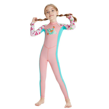 Boys Girls One-Piece Swimsuits Swimwear Long Sleeve Wetsuits Bathing Suit Beachwear Sun Protection(Including Swimming Cap)