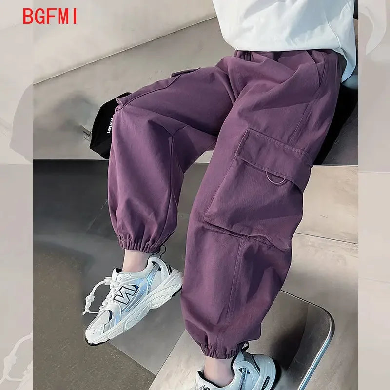 Girls Purple Casual Pants Big Children's Clothing Korean Black Cargo Long Pants Girls 2026 Spring Fashion New Cotton Trousers