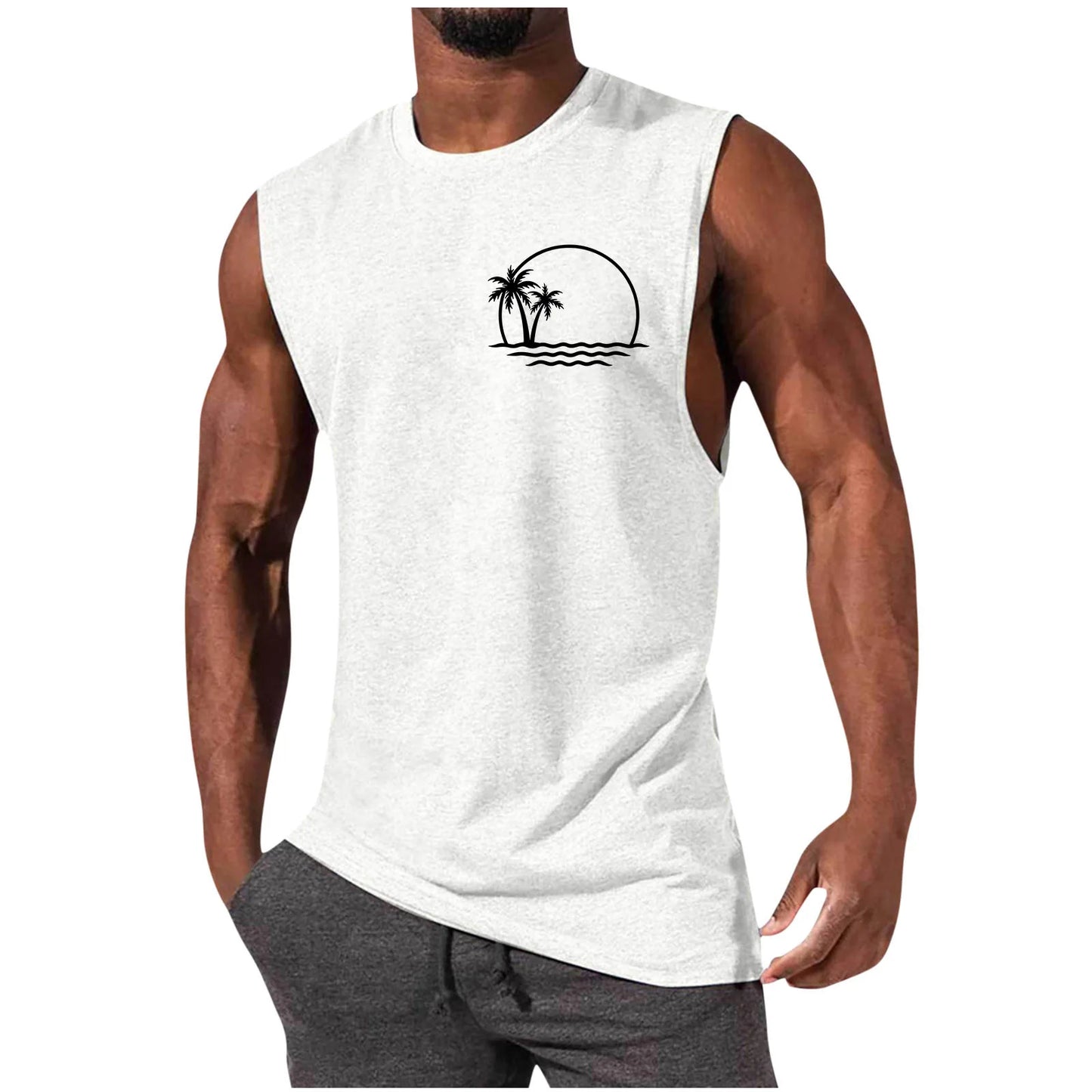 2025 Men's Hawaiian Beach Shirt Tropical Sunset Print Sleeveless Tank Top Palm Tree Vacation Swim Shirt Quick Dry Resort Wear