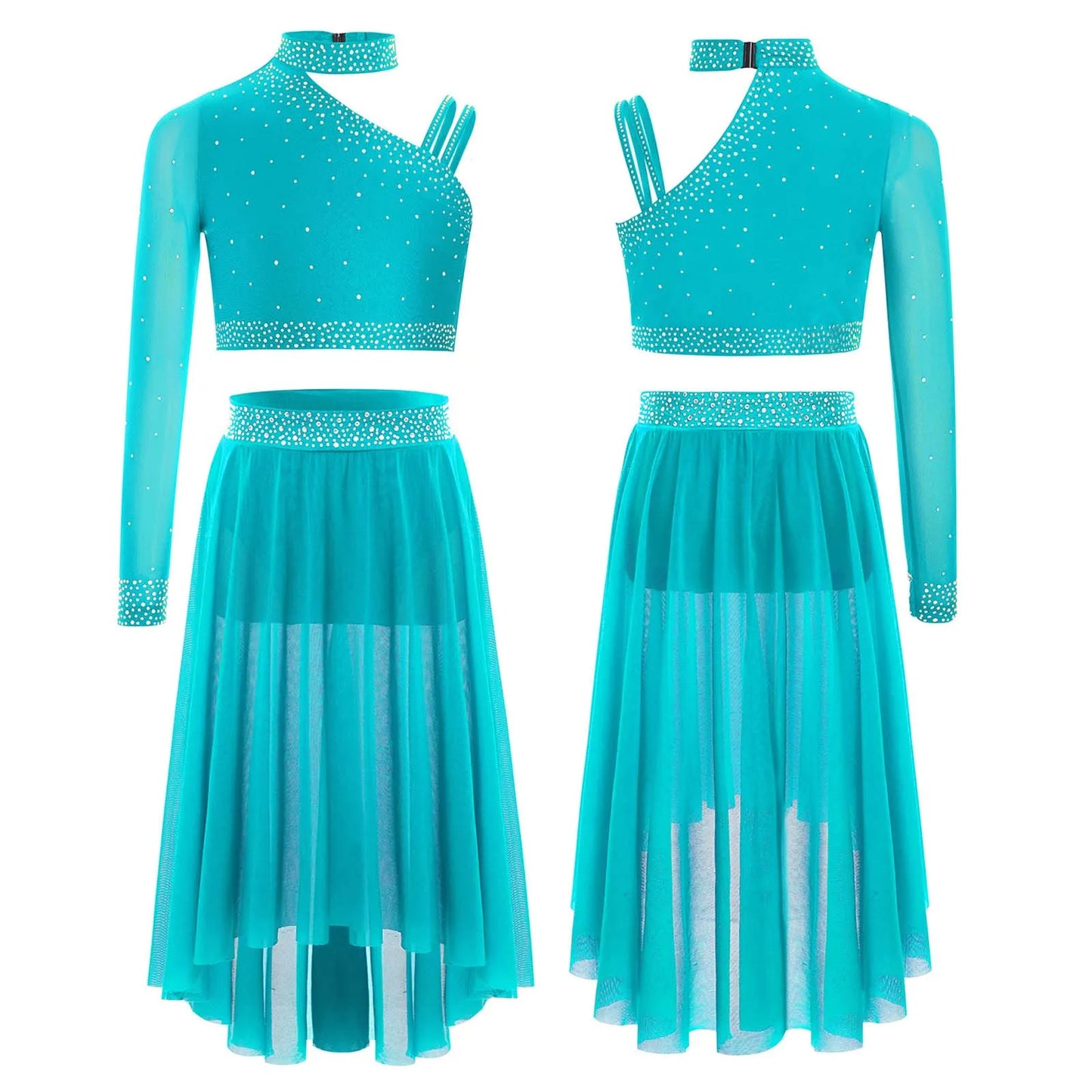 Girls Lyrical Dance Set Rhinestones Tops One Shoulder Crop Top with Side Slit Irregular Mesh Skirt Modern Contemporary Dancewear