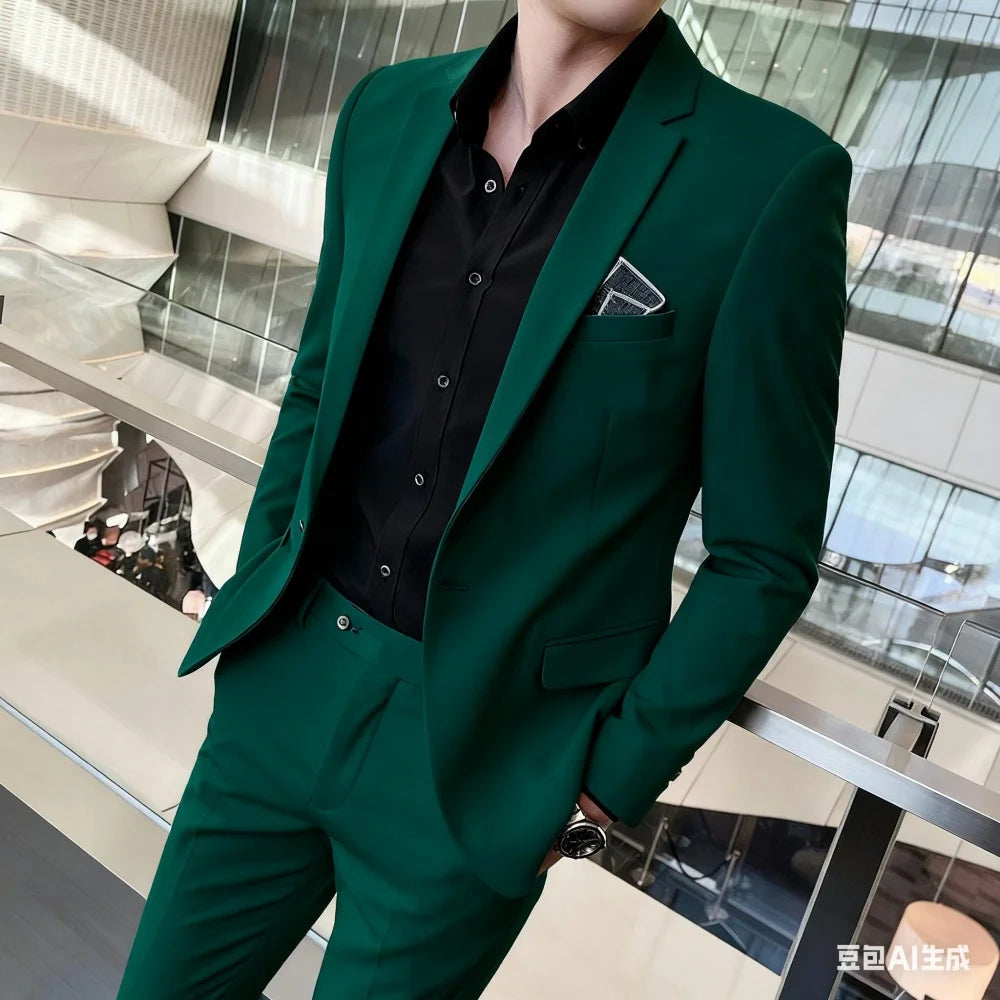 Men's Two-Piece Suit Monochromatic Tern Casual Elegant High-Quality New Banquet Ready Fashionable Ensemble