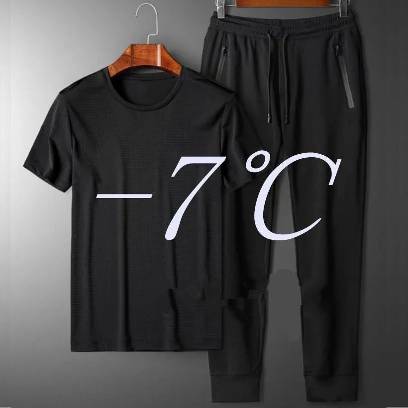 Summer Sports Suit Men's Trendy Short Sleeved Pants Two-piece Set Solid Color Casual Ice Silk Mesh Air-conditioned Pants for Men
