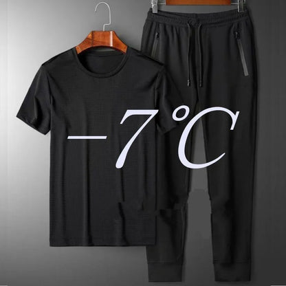 Summer Sports Suit Men's Trendy Short Sleeved Pants Two-piece Set Solid Color Casual Ice Silk Mesh Air-conditioned Pants for Men