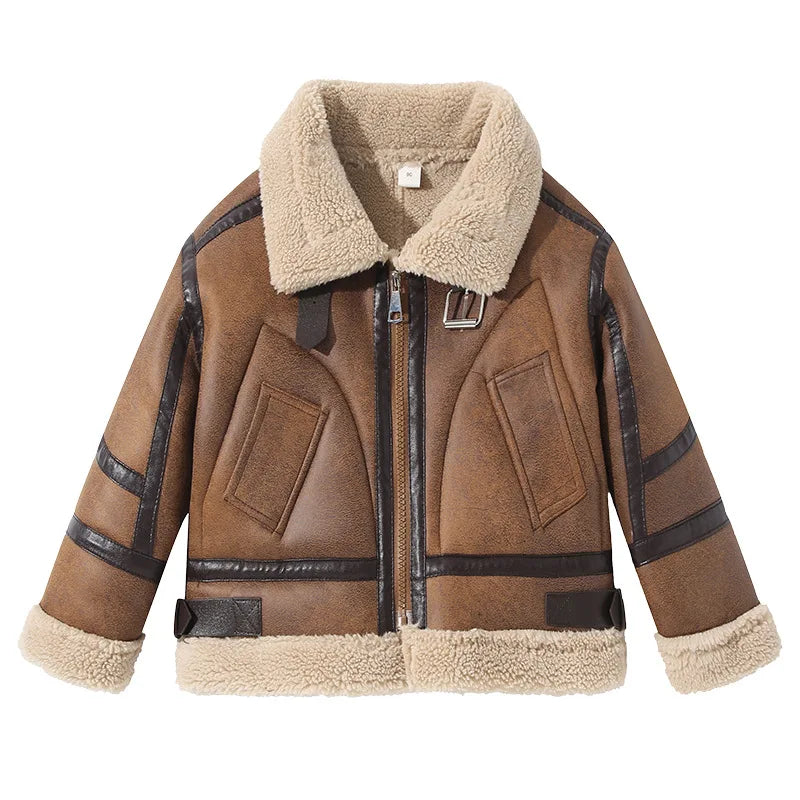 2026 Winter Kids Suede Leather Jacket Boys Girls Faux Fur Coat Thick Warm Fleece Outerwear Teen Children Top Clothes 2-15 Years