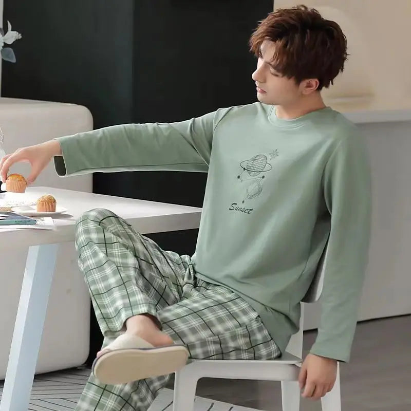 Men's Casual Pyjamas - Long-Sleeved Spring/Autumn Homewear Lightweight Pyjama Set for Young and Middle-Aged Men in Autumn/Winter