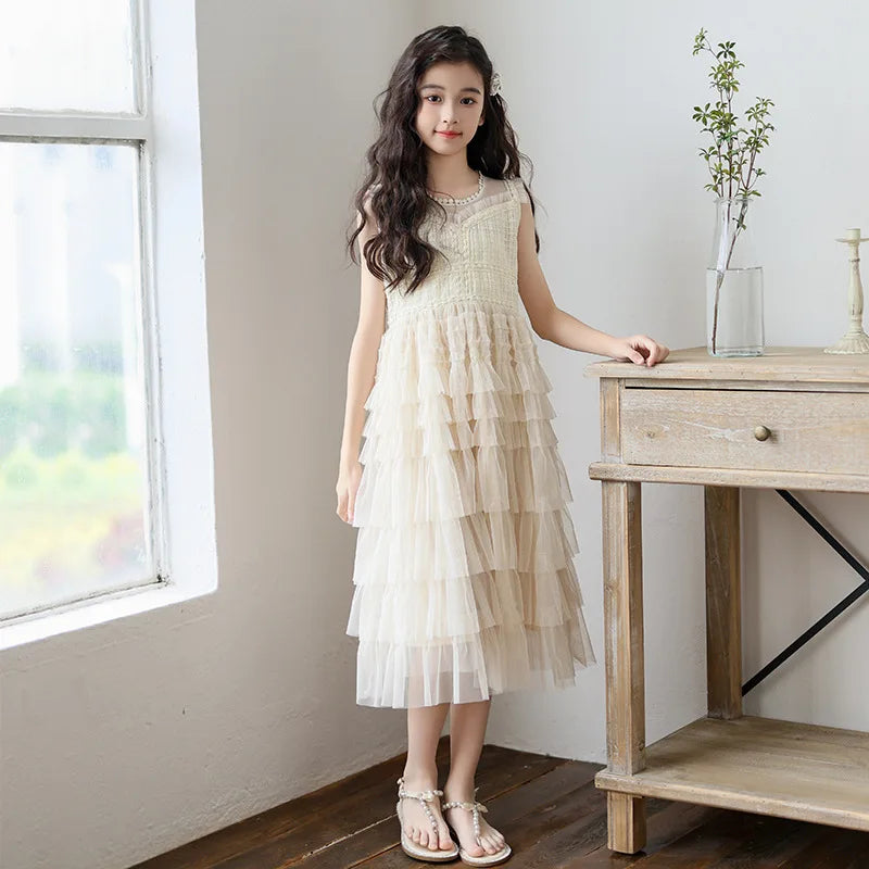Tulle Tiered Dress for Girls 2026 New Summer Sleeveless Vest Princess Dress Daily Party Holiday Beige Teenage Children Clothes