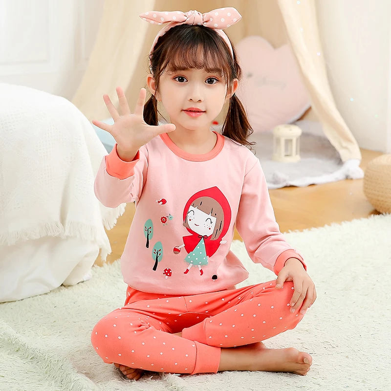 Girls' pure cotton underwear spring and autumn cartoon print loungewear set children's pajamas comfortable crew neck topandpants