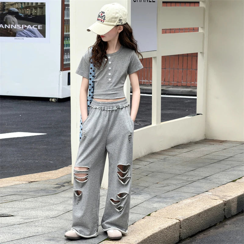 Teenage Girls Clothing Sets 2026 New Grey Fashion Short Sleeve Top+Hole Pants 2Pcs Summer Children Outfits for 5 To 14Years Old