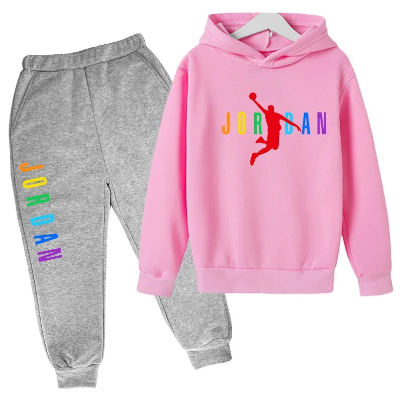 Children Sports Coat 3-13 Years Hoodie Basketball Letter Print Boys Sweatshirt Girls Toddler Top + Trousers 2P Stylish Casual Se