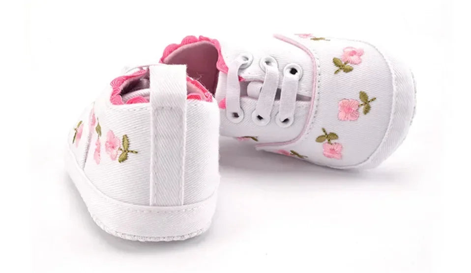Baby Girls Shoes White Pink Floral Embroidered Soft Soles Shoes Prewalker Walking Toddler Casual Kids Shoes For Dropshipping