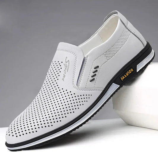White Leather Shoes for Men in The Summer of 2025new Breathable Hollowed Dress Shoes Men Men Driving Shoes British Leather Shoe