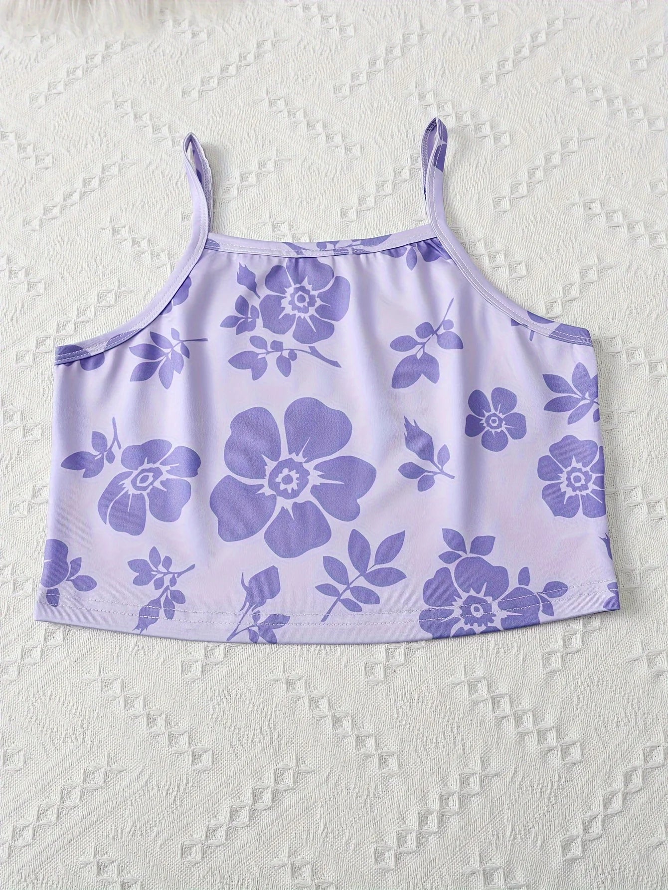 3-Piece Girls Purple Flower Print Satin Pajama Set - Comfortable Loungewear with Button Up Lapel Collar Blouse, Cami Top, Pants