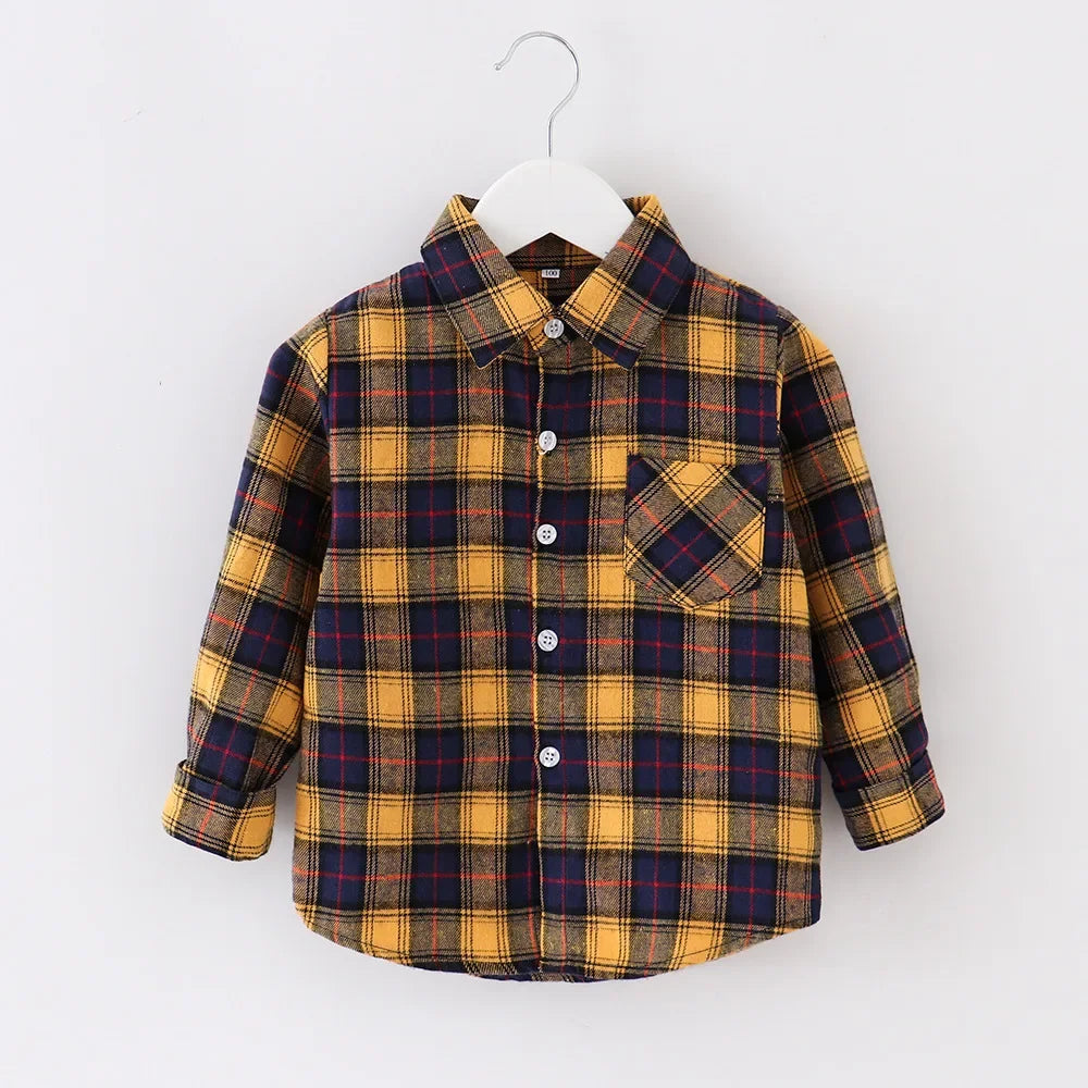 Shirts for Boys Spring Autumn Fashion Casual Plaid Blouse School Boys Clothes Long Sleeve Brushed Shirt Teen Children Clothes
