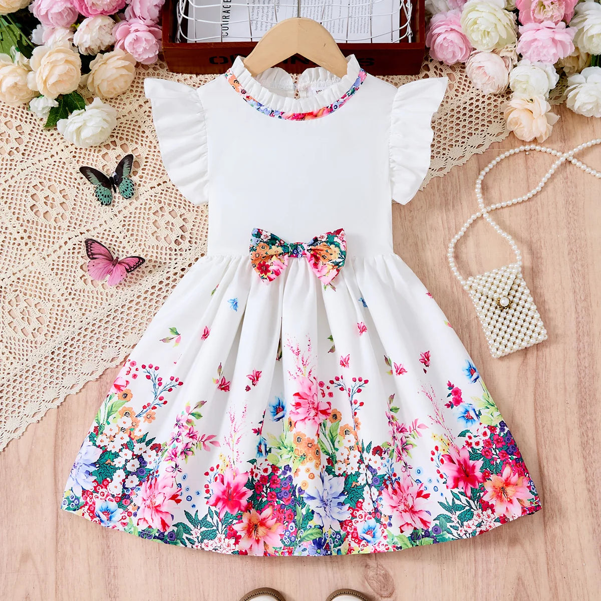 Girls Casual Dresses Denim Print Button Bow Ruffled sleeves Floral Tulle Cute Princess Formal Dresses Children Casual Dresses