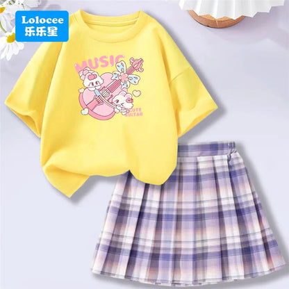 Girls' Trendy School Outfit - Cartoon Music Guitar Rabbit Print Tee + Plaid Skirt Two-Piece Set Teenage Girls Clothes Set