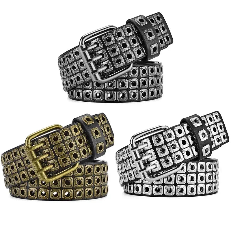 New Women Belt  Fashion Square Beads, Willow Nails, Three Exhaust Eyes, Punk Street Cool, Personalized Men's and Women's Belts