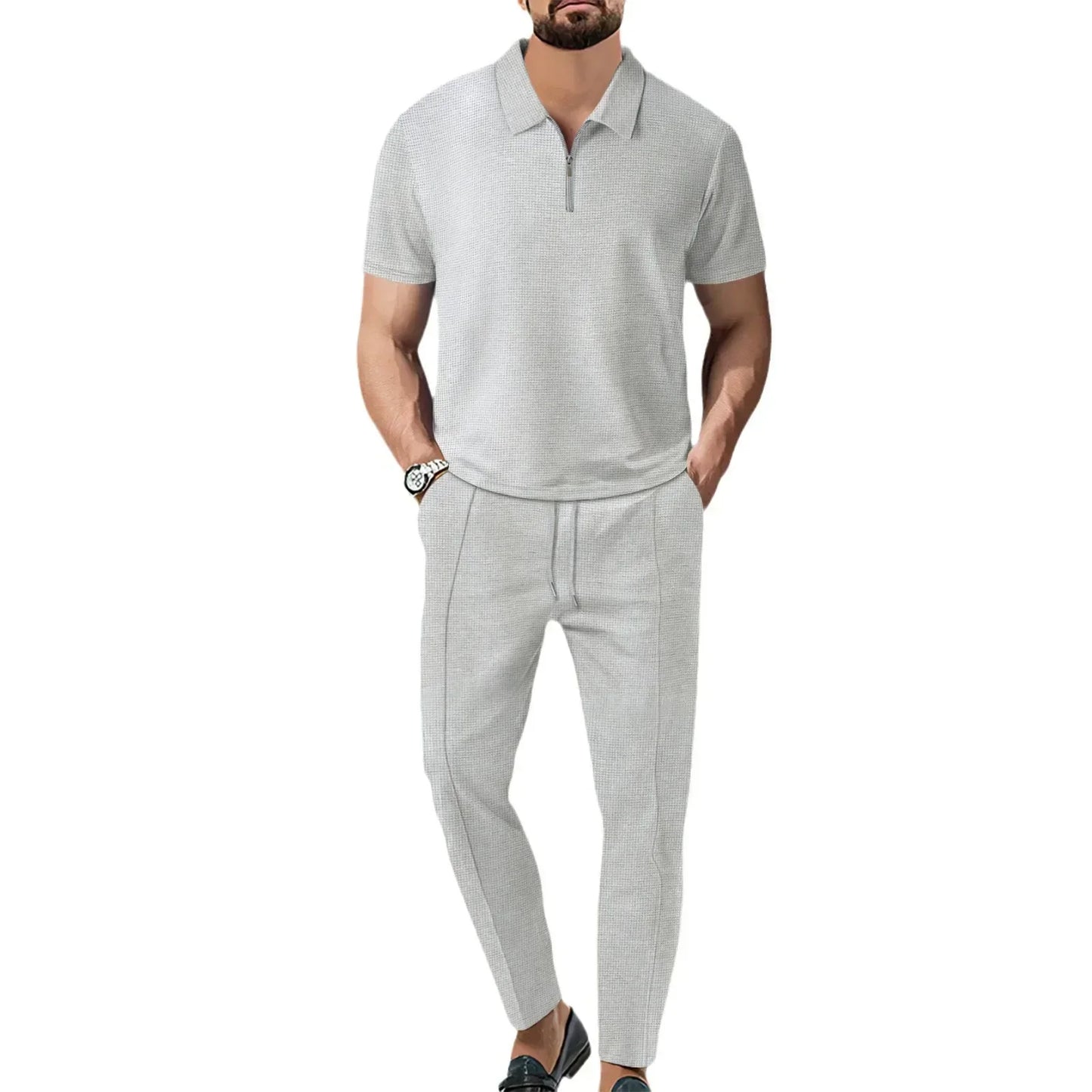 2026 Autumn New European and American Men's Solid Color Leisure Suit Waffle Collar Short-sleeved Zipper Pants Suit