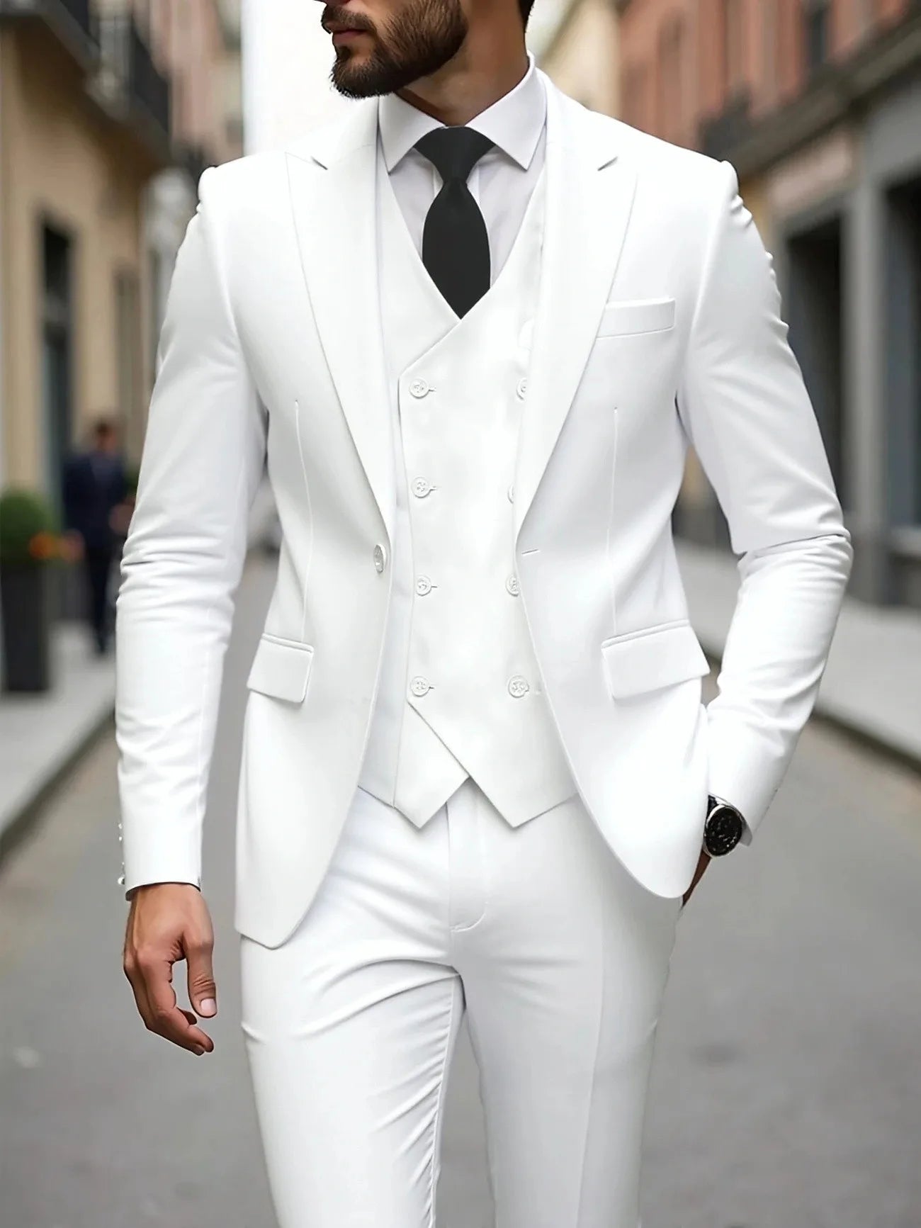 Men's Three-Piece White Suit, Anti-Wrinkle, No-Iron, Anti-Stick Fur Business Formal Suit, Four-Season Workplace Work Clothing Dr