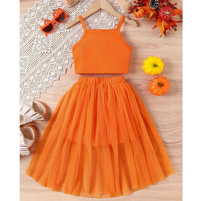 5-14 Years Teenagers Girls Clothing Sets Summer New Cotton Fashion Top + Mesh Skirt Two Piece Set Birthday Gifts Kids Clothes