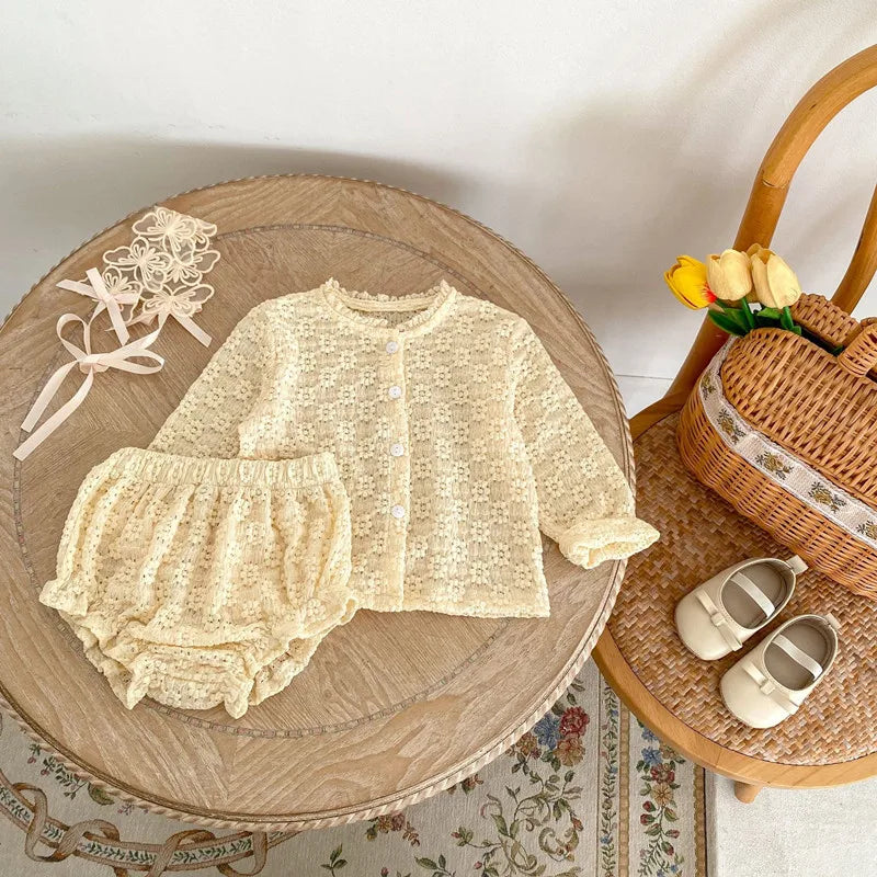Baby Girls Suit Autumn Clothes Newborn Jacquard Knitted Bloomers Outfit Set Long Sleeve Tops+Shorts 2PC 0-3T