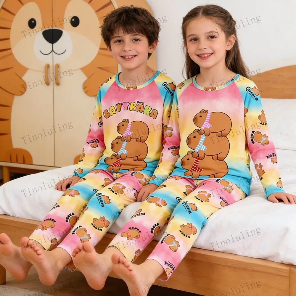 Boys Girls Pajamas Sets Kids Toddler 3 to 4 5 6 7 8 9 10 11 12 Years Capybara Pink Brown Long Sleeve Pyjamas Children's Clothing