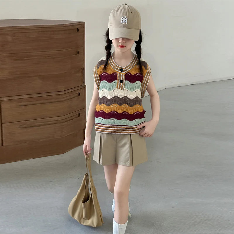 Girls Wave Pattern Summer Sweater + Skirt Clothing Set Kids Child High Quality Streetwear Knitted Top and Bottom Clothes Set