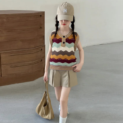 Girls Wave Pattern Summer Sweater + Skirt Clothing Set Kids Child High Quality Streetwear Knitted Top and Bottom Clothes Set