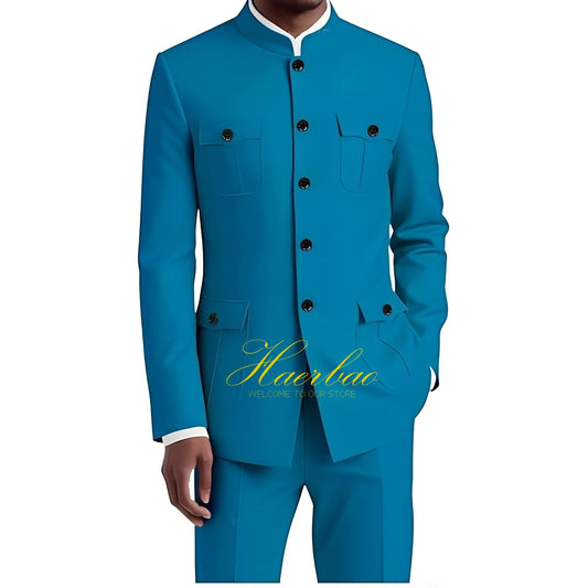 Men's Chinese Tunic Suit Formal 2 Piece Suits for Men Collar Jacket Slim Fit 4 Pocket Blazer Wedding Men Suits Tuxedo
