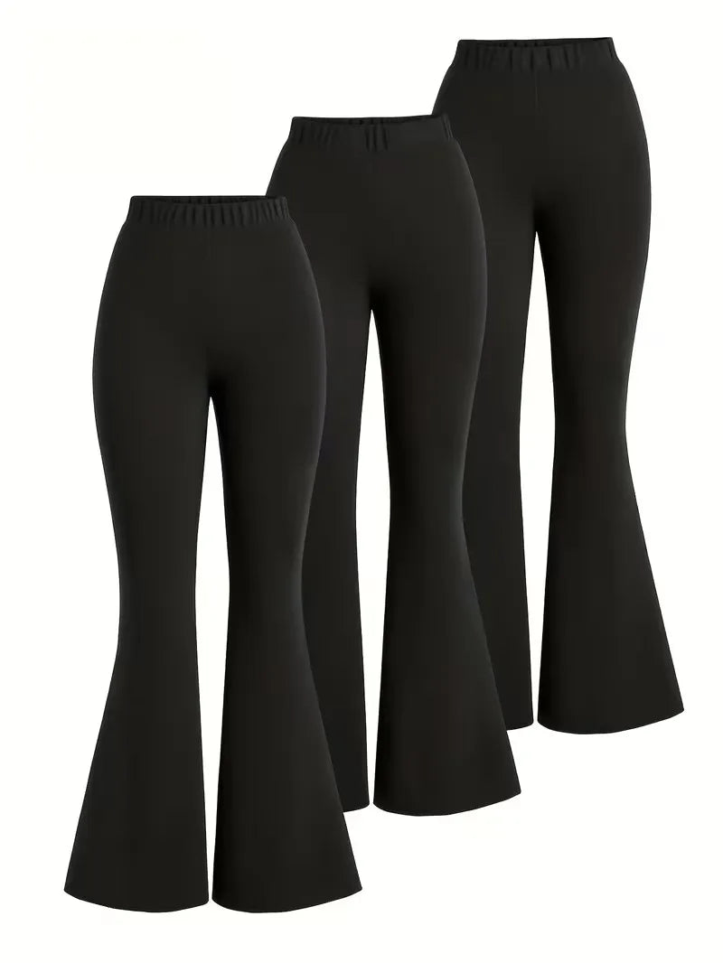 Girls 3-Pack Solid Flared Pants – Black High Waist Elastic Flare Trousers for Kids