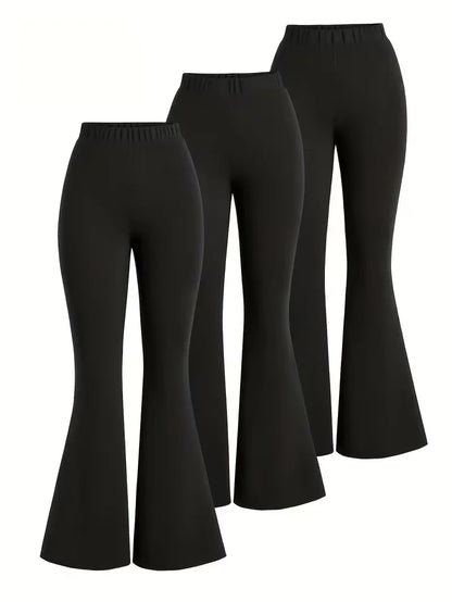 Girls 3-Pack Solid Flared Pants – Black High Waist Elastic Flare Trousers for Kids