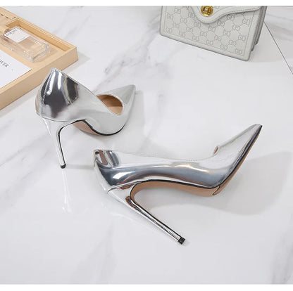 High Heels for Women ELEGANT Sweet Fashion British Style Slip-On 12CM Thin Heels Pointed Toe Office Career Women Shoes Gold 46