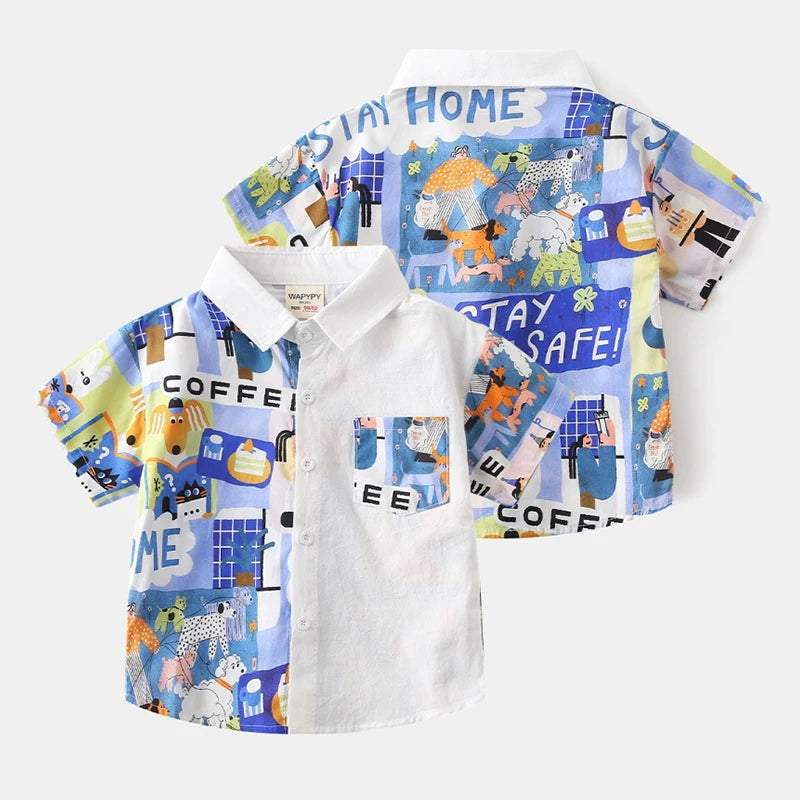 Cute Children's Shirts 2025 Boy Shirts 100% Cotton Short Sleeve White Blue Kids Summer Clothes Toddler Baby 1 to 2 3 4 5 6 7 Yrs