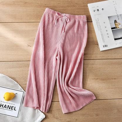 2025 New Girls' Pleated Wide-Leg Pants, Chiffon Ice Silk 9/10 Trousers, Loose Casual & Stylish Summer Wear，For Daily Wear.