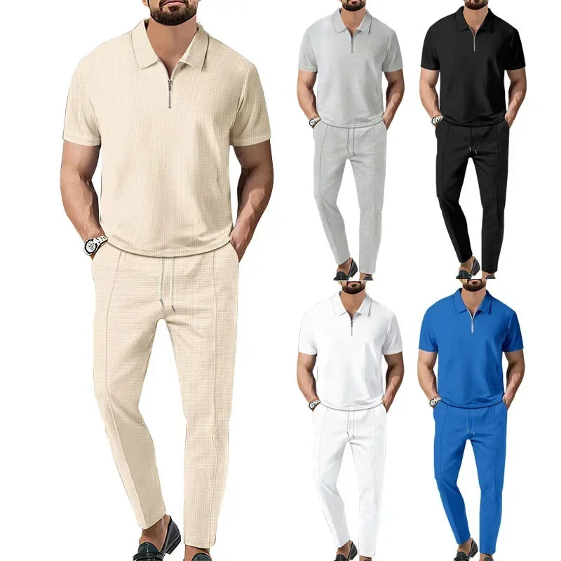 2026 Autumn New European and American Men's Solid Color Leisure Suit Waffle Collar Short-sleeved Zipper Pants Suit