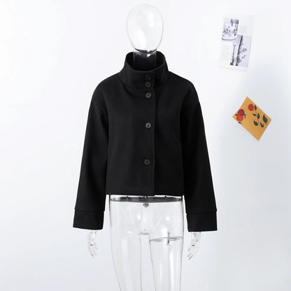 Fashion Short Woolen Coat For Women Stand Collar Full Sleeve Loose Zipper Jacket Female 2025 Spring Autumn Solid Lady Outwear