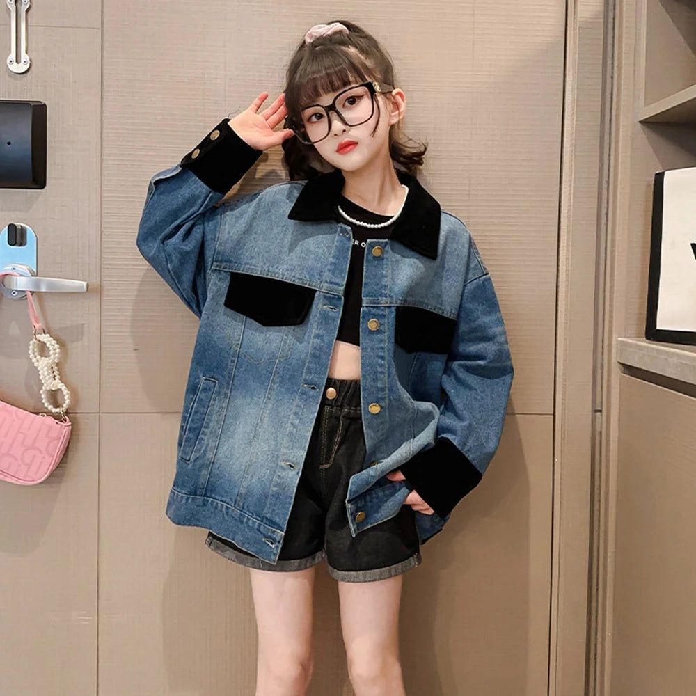 Jacket for Girls Autumn New Beading Denim Coat Fashion All-match School Teen Kids Outerwear 12 13 Years Children Casual Tops