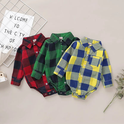 0-12 Months Newborn Baby Boys Bodysuit Plaid Long Sleeve Turn Down Collar Shirt Romper Spring&Autumn Gentleman Casual Clothes