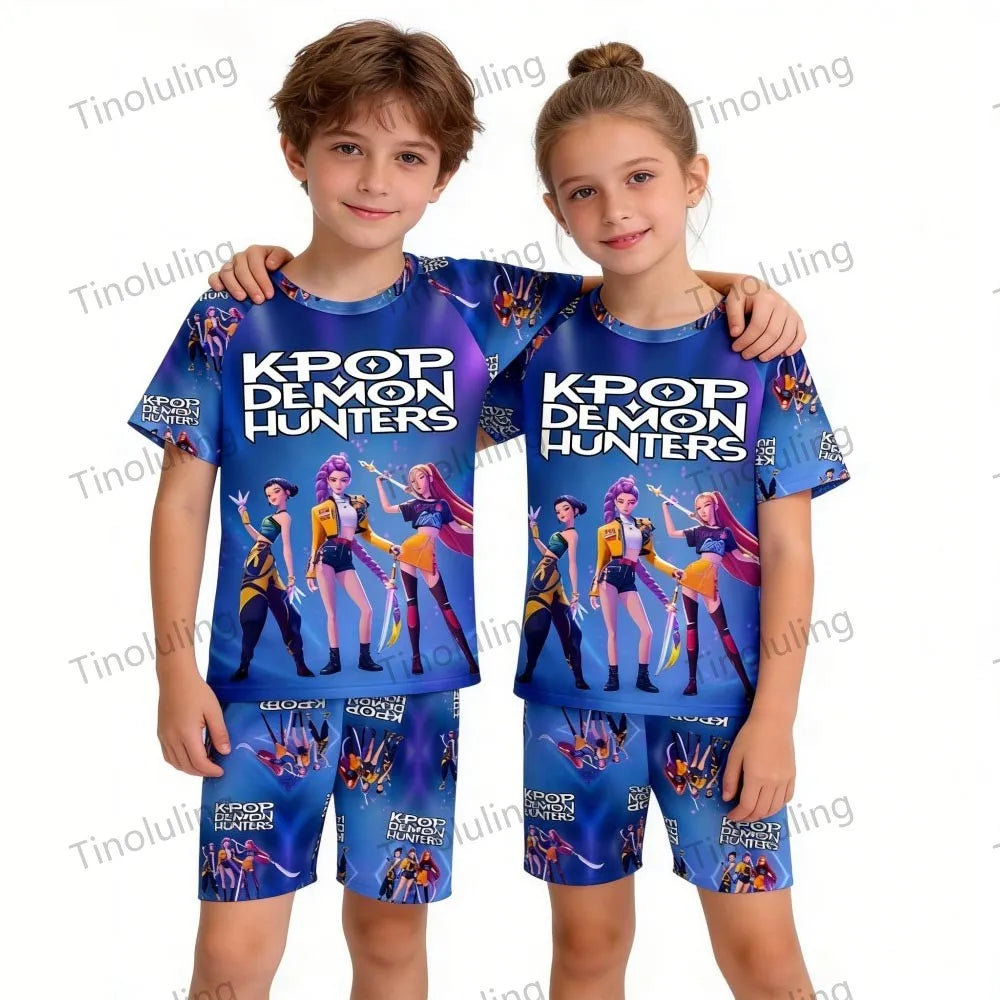 Girls Pajamas Sets Kids Toddler 3 to 8 10 11 12 Years Kpop Demon Hunters Summer Pjs Tops+Shorts Two Pieces Pijamas Sleepwear Set