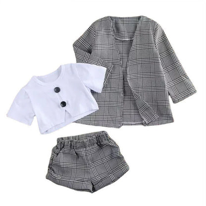Baby Girls Clothes Sets Infant Toddler White Top T-Shirt+Grey Checkered Suit+Short 3PCS Costumes For Girls 2025 Girls Outfit Set