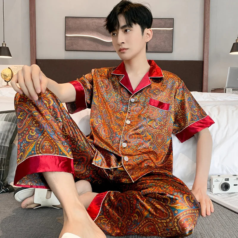 Pajamas Men Spring Summer Thin Ice Silk Luxurious Loose Fitting Home Wear Suit Male Satin Pyjamas Set Night Pajamas Set Men