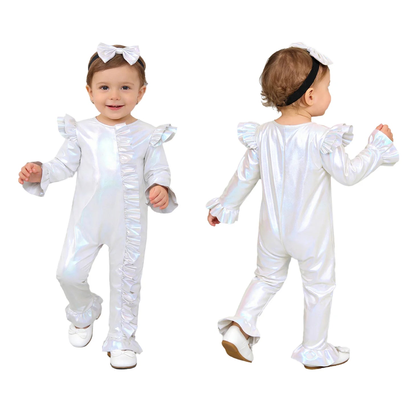 Baby Girls Clothes Birthday Party Metallic Bell Bottoms Romper Djustable Straps Bow Overalls with Headwear Photo Shoot Outfit