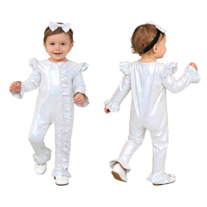Baby Girls Clothes Birthday Party Metallic Bell Bottoms Romper Djustable Straps Bow Overalls with Headwear Photo Shoot Outfit