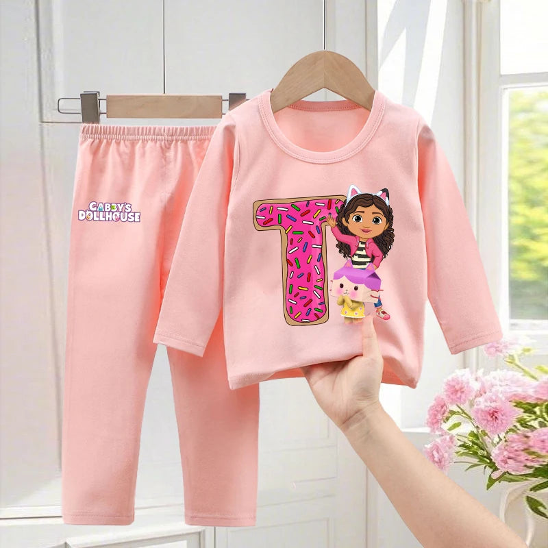 Gabby Dollhouses Pajamas Pants Set Girls Cute Letter A-Z Nightwear Trousers Kids Winter Home Clothes Children Long Sleeves Gift