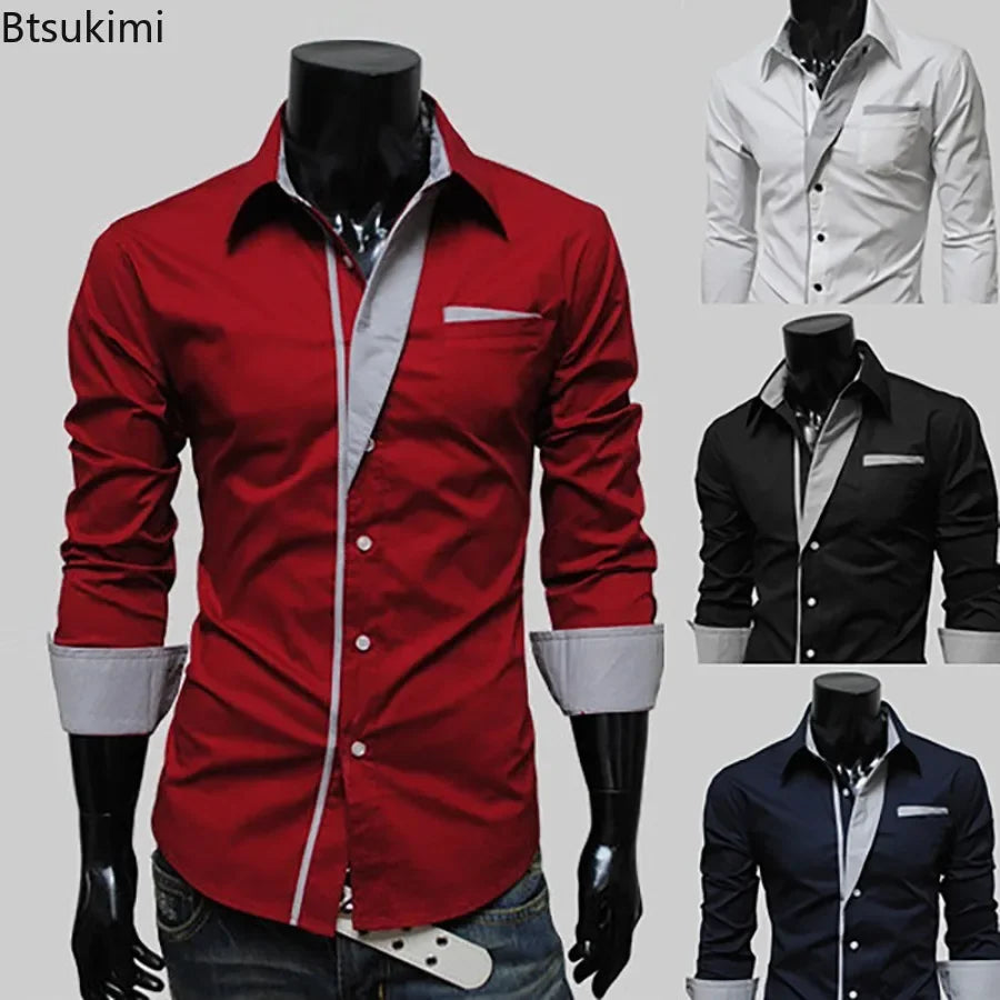 2026New Personalized Shirt for Men Fashion Patchwork Design Trend Men Comfy Slim Party Dress Shirts Men Casual Street Style Tops