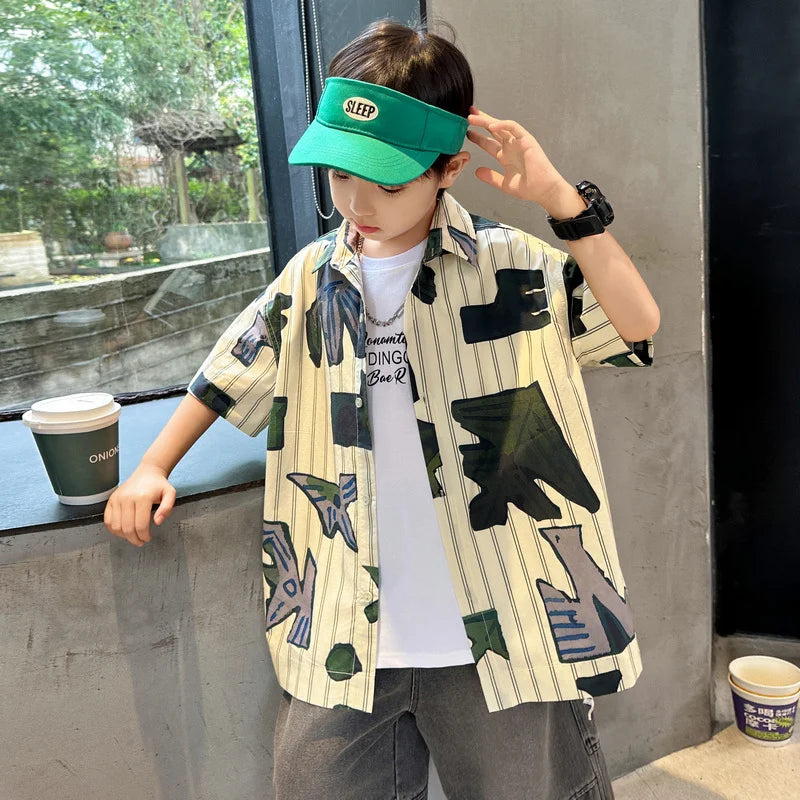 New Summer Teenager Striped Shirt for Boy Short Sleeve Korean Casual Style Big Kids Cotton Blouse Children's Stylish Clothes